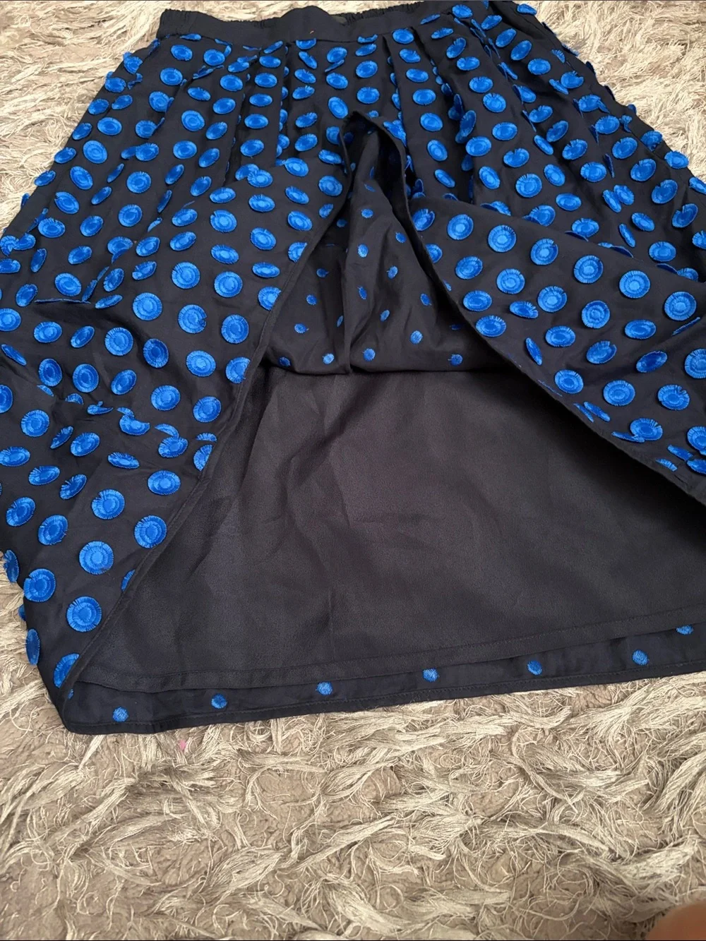 J. Crew Black Midi Skirt with Electric Blue Polka Dot Appliqués